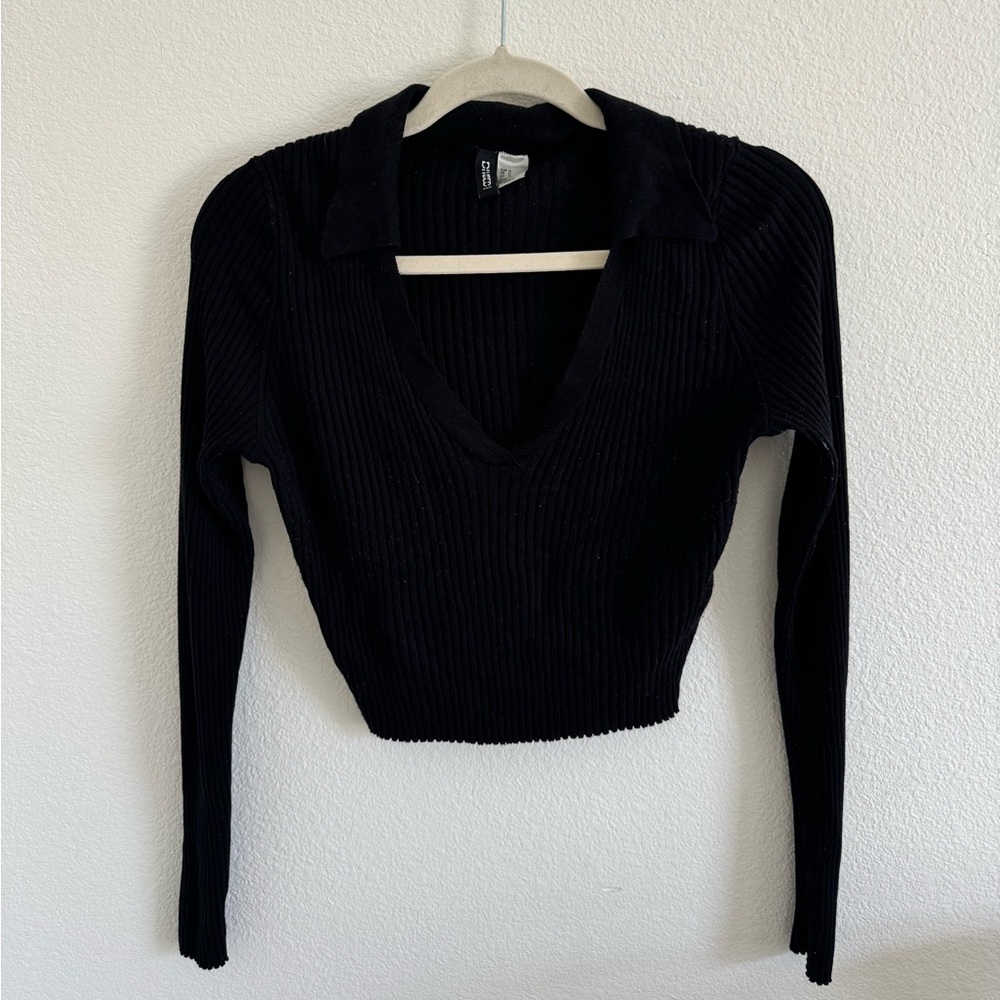 H&M Black Ribbed V-Neck Long Sleeve Top